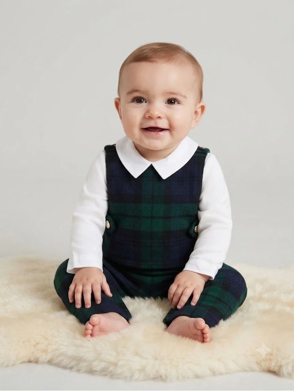 Ralph Lauren Wool Green and Navy Plaid Infant Romper with White Collared Shirt